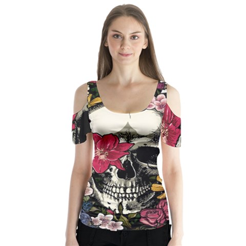 Skull Flowers American Native Dream Catcher Legend Butterfly Sleeve Cutout T-shirt  by Bedest