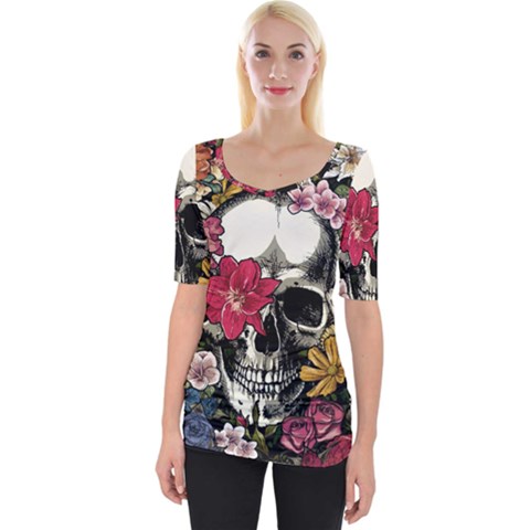 Skull Flowers American Native Dream Catcher Legend Wide Neckline T-shirt by Bedest