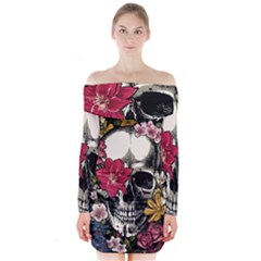 Skull Flowers American Native Dream Catcher Legend Long Sleeve Off Shoulder Dress by Bedest