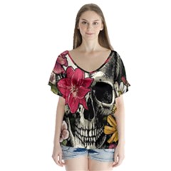 Skull Flowers American Native Dream Catcher Legend V-neck Flutter Sleeve Top by Bedest