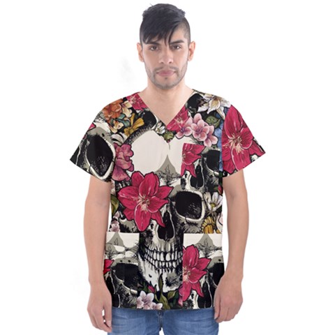 Skull Flowers American Native Dream Catcher Legend Men s V-neck Scrub Top by Bedest