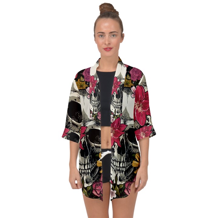 Skull Flowers American Native Dream Catcher Legend Open Front Chiffon Kimono