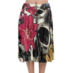 Skull Flowers American Native Dream Catcher Legend Velvet Flared Midi Skirt by Bedest