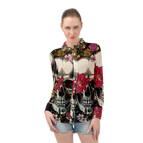 Skull Flowers American Native Dream Catcher Legend Long Sleeve Chiffon Shirt by Bedest