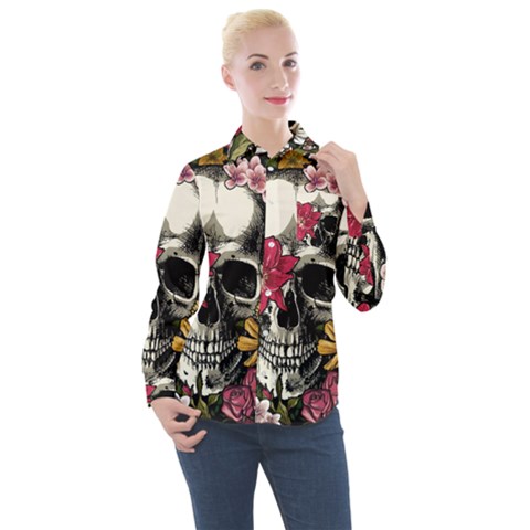 Skull Flowers American Native Dream Catcher Legend Women s Long Sleeve Pocket Shirt by Bedest