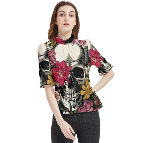 Skull Flowers American Native Dream Catcher Legend Frill Neck Blouse by Bedest