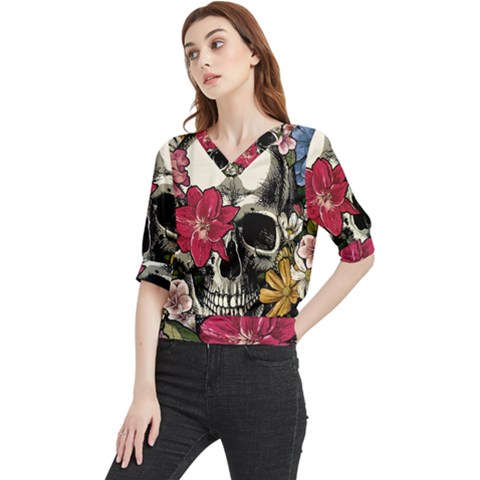 Skull Flowers American Native Dream Catcher Legend Quarter Sleeve Blouse by Bedest