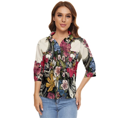 Skull Flowers American Native Dream Catcher Legend Women s Quarter Sleeve Pocket Shirt by Bedest