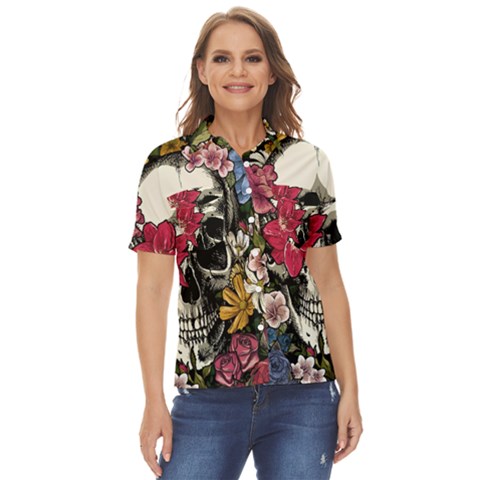 Skull Flowers American Native Dream Catcher Legend Women s Short Sleeve Double Pocket Shirt by Bedest