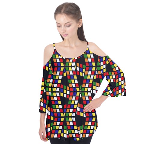 Graphic Pattern Rubiks Cube Flutter Sleeve T-shirt  by Cendanart