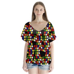 Graphic Pattern Rubiks Cube V-neck Flutter Sleeve Top by Cendanart