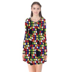 Graphic Pattern Rubiks Cube Long Sleeve V-neck Flare Dress by Cendanart