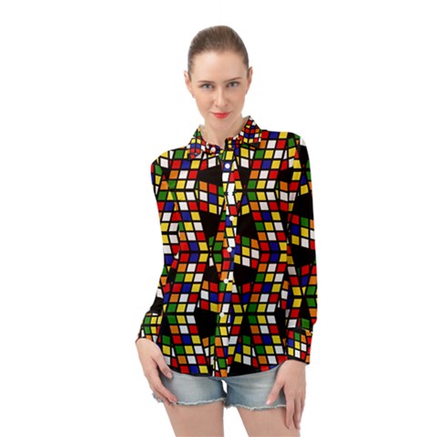 Graphic Pattern Rubiks Cube Long Sleeve Chiffon Shirt by Cendanart