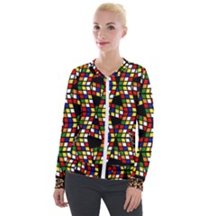 Graphic Pattern Rubiks Cube Velvet Zip Up Jacket by Cendanart