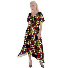 Graphic Pattern Rubiks Cube Cross Front Sharkbite Hem Maxi Dress by Cendanart