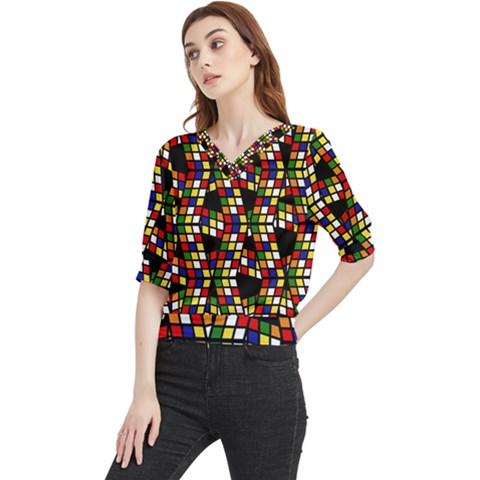 Graphic Pattern Rubiks Cube Quarter Sleeve Blouse by Cendanart