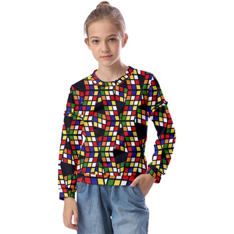 Graphic Pattern Rubiks Cube Kids  Long Sleeve T-shirt With Frill  by Cendanart