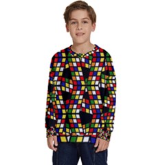 Graphic Pattern Rubiks Cube Kids  Crewneck Sweatshirt by Cendanart