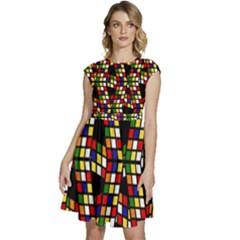 Graphic Pattern Rubiks Cube Cap Sleeve High Waist Dress by Cendanart