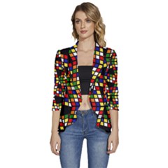 Graphic Pattern Rubiks Cube Women s 3/4 Sleeve Ruffle Edge Open Front Jacket by Cendanart