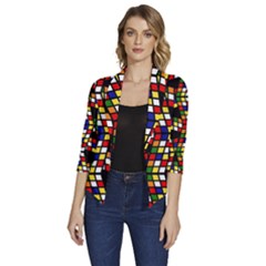 Graphic Pattern Rubiks Cube Women s Draped Front 3/4 Sleeve Shawl Collar Jacket by Cendanart