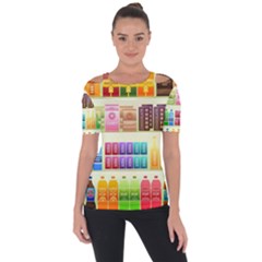 Supermarket Shelf Products Snacks Shoulder Cut Out Short Sleeve Top by Cendanart