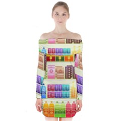 Supermarket Shelf Products Snacks Long Sleeve Off Shoulder Dress by Cendanart