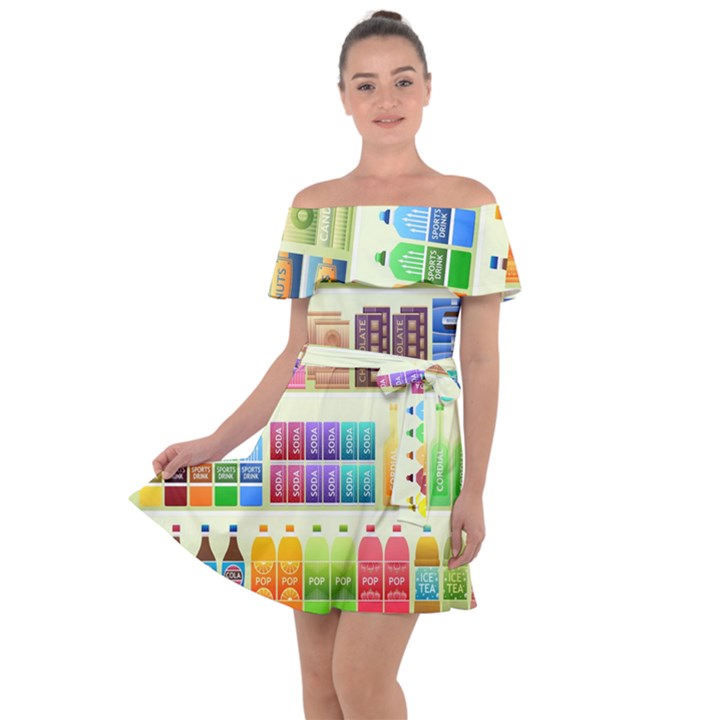 Supermarket Shelf Products Snacks Off Shoulder Velour Dress