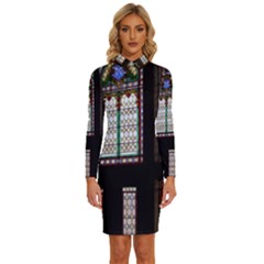 Stained Glass Window Krotoszyn Long Sleeve Shirt Collar Bodycon Dress by Cendanart