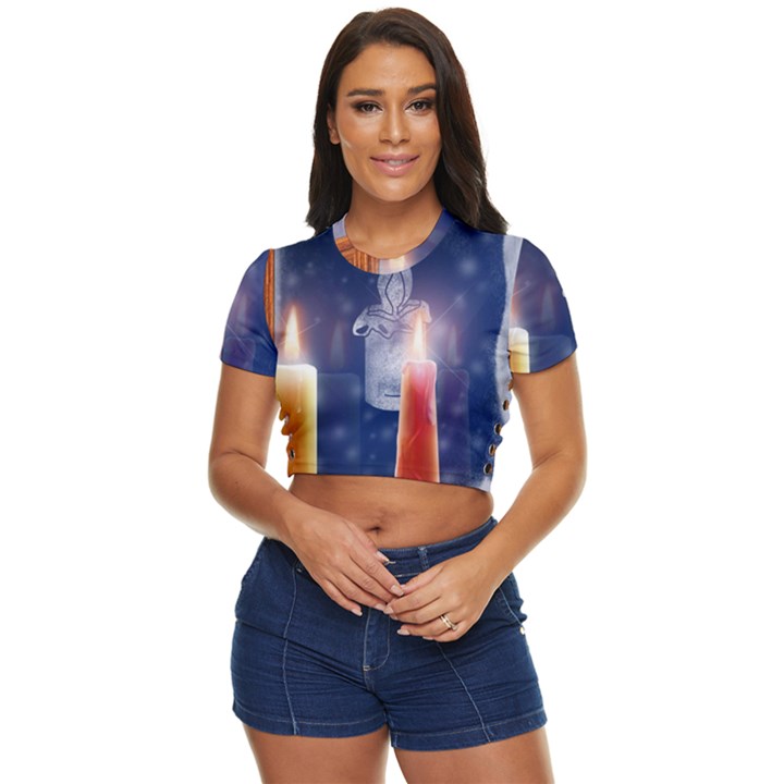 Christmas Lighting Candles Side Button Cropped T-Shirt