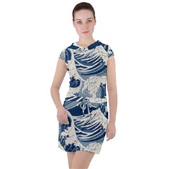 Japanese Wave Pattern Drawstring Hooded Dress by Cendanart