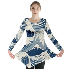 Japanese Wave Pattern Long Sleeve Tunic  by Cendanart