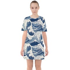 Japanese Wave Pattern Sixties Short Sleeve Mini Dress by Cendanart