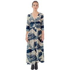 Japanese Wave Pattern Button Up Boho Maxi Dress