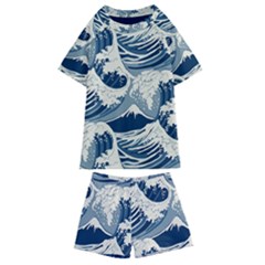 Japanese Wave Pattern Kids  Swim T-shirt And Shorts Set by Cendanart