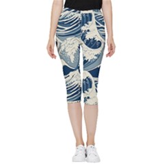 Japanese Wave Pattern Inside Out Lightweight Velour Capri Leggings  by Cendanart