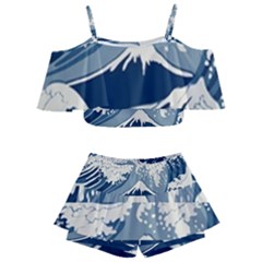 Japanese Wave Pattern Kids  Off Shoulder Skirt Bikini