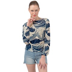 Japanese Wave Pattern Banded Bottom Chiffon Top by Cendanart