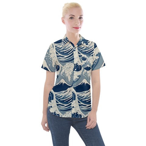 Japanese Wave Pattern Women s Short Sleeve Pocket Shirt by Cendanart