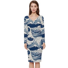 Japanese Wave Pattern Long Sleeve V-neck Bodycon Dress  by Cendanart