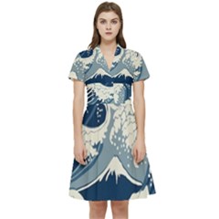 Japanese Wave Pattern Short Sleeve Waist Detail Dress by Cendanart