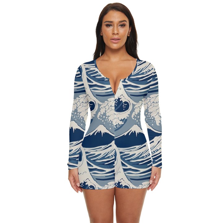 Japanese Wave Pattern Long Sleeve Boyleg Swimsuit