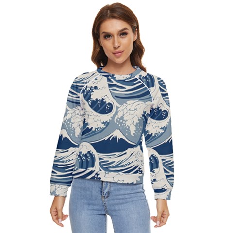 Japanese Wave Pattern Women s Long Sleeve Raglan T-shirt by Cendanart