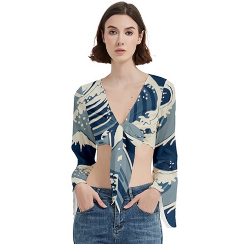 Japanese Wave Pattern Trumpet Sleeve Cropped Top by Cendanart