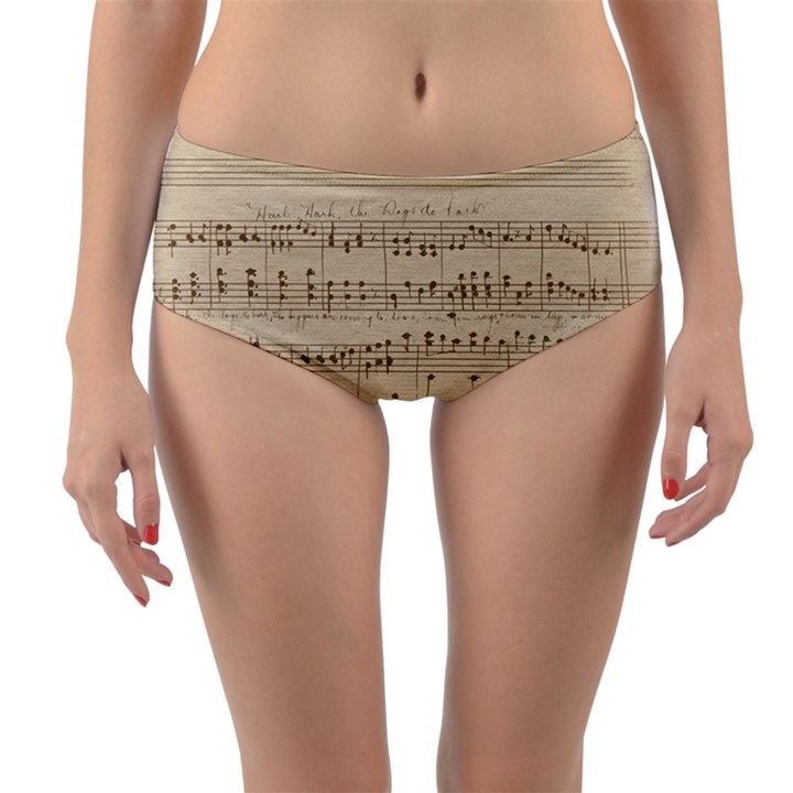 Vintage Beige Music Notes Reversible Mid-Waist Bikini Bottoms