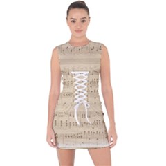 Vintage Beige Music Notes Lace Up Front Bodycon Dress by Cendanart