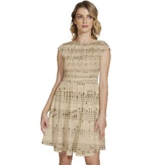 Vintage Beige Music Notes Cap Sleeve High Waist Dress by Cendanart