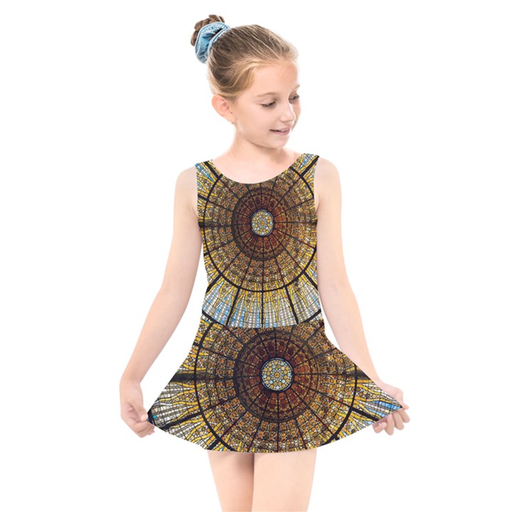 Barcelona Glass Window Stained Glass Kids  Skater Dress Swimsuit