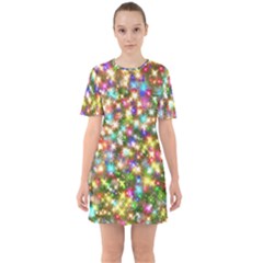 Star Colorful Christmas Abstract Sixties Short Sleeve Mini Dress by Cendanart