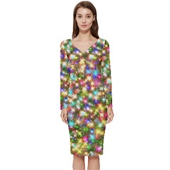 Star Colorful Christmas Abstract Long Sleeve V-neck Bodycon Dress 